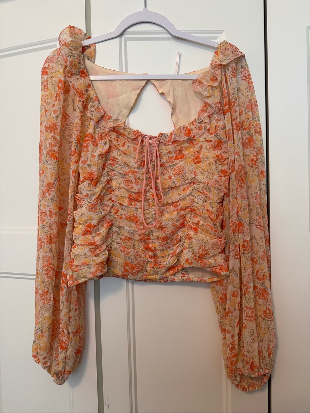Free People Peach Floral Ruched Peasant Blouse